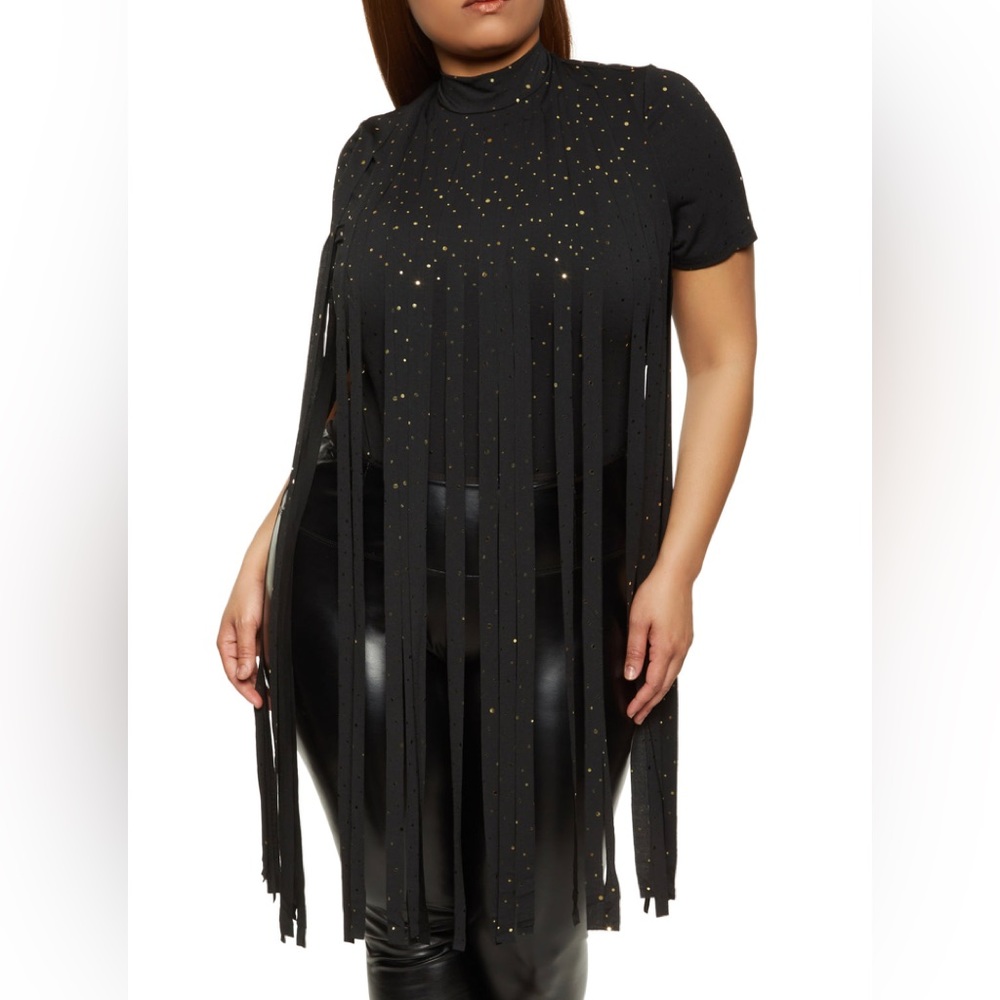 Plus Size Foil Dot Fringe
Bodysuit - BLACK NWT